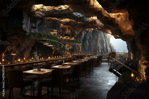 3D cave restaurant rendering. Generative AI