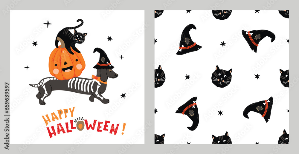Cute Halloween collection.Cartoon print with dachshund dog in a skeleton costume, pumpkin and black cat.Funny seamless pattern with cat head and witch hat.Vector set for nursery decor for kids. Cute Halloween collection.Cartoon print with dachshund dog in a skeleton costume, pumpkin and black cat.Funny seamless pattern with cat head and witch hat.Vector set for nursery decor for kids.