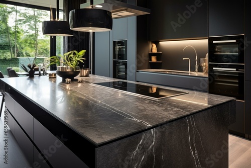 Contemporary kitchen, luxurious marble island, induction cooktop. Generative AI © Danilo