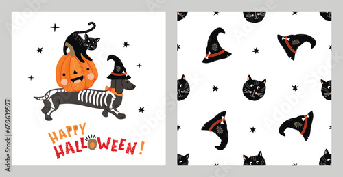 Cute Halloween collection.Cartoon print with  dachshund dog in a skeleton costume, pumpkin and  black cat.Funny seamless pattern with cat head and witch hat.Vector set for nursery decor for kids.