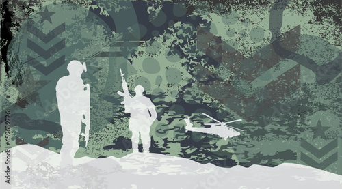 Vektor Silhouetten - Soldaten mit Hubschrauber und Militär Camouflage Hintergrund