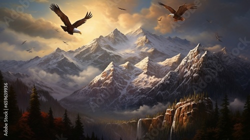 The rugged grandeur of the Rocky Mountains, with eagles soaring overhead.