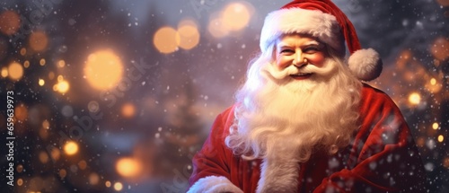 Digital composite of santa claus with christmas background.
