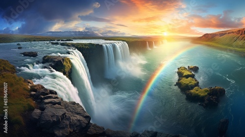 The stunning spectacle of a rainbow arching over a vast waterfall.