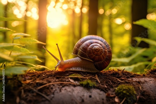A brown snail on a leafy ground with a blurred background of trees and sunlight.