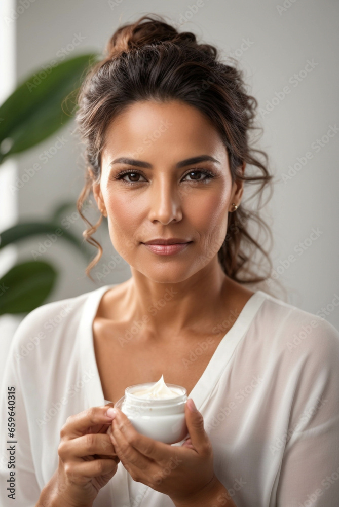 Beautiful mature latin woman on white background. Clean and fresh skin, facial care, facial treatment, cosmetology, beauty and spa concept Beautiful mature latin woman on white background. Clean and fresh skin, facial care, facial treatment, cosmetology, beauty and spa concept