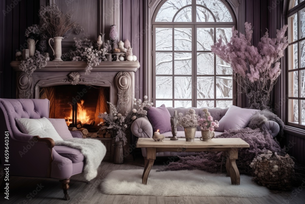 A cozy living room with purple furniture, a fireplace, and dried flowers in vases. A cozy living room with purple furniture, a fireplace, and dried flowers in vases.