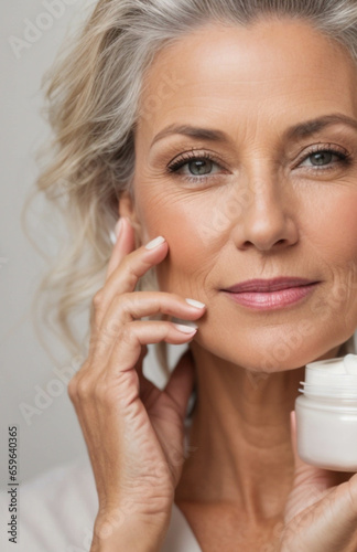 Beautiful mature Caucasian woman applying cream, on white background. Clean and fresh skin, facial care, facial treatment, cosmetology, beauty and spa concept