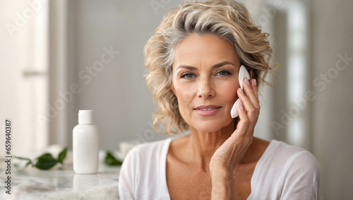 Beautiful mature Caucasian woman is applying facial cleanser, on white background. Clean and fresh skin, facial care, facial treatment, cosmetology, wellness concept with empty copy space for text