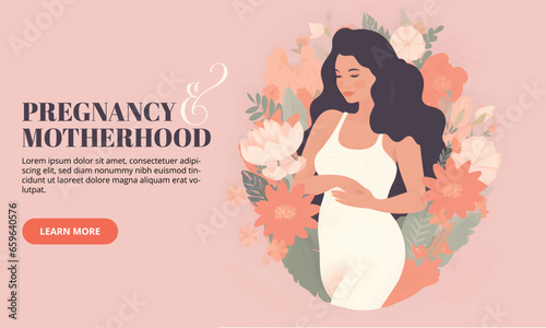 Silhouette of beautiful pregnant woman with flowers hugging her belly. Cards of Happy Mother's Day. Concept of pregnancy and motherhood, vector illustration for doula, obstetrics, doctor. Modern landi