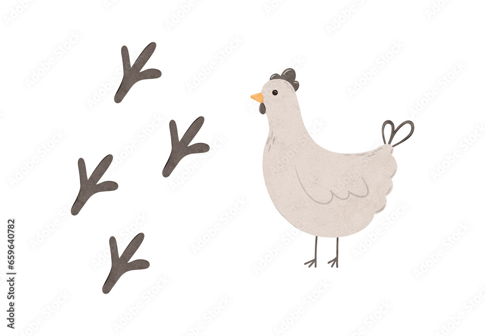 Set of Cartoon domestic chickens and footprint. Digital hand drawn farm birds illustration for textile design, poster, postcard. Cartoon style character drawing for printing on an isolated background Set of Cartoon domestic chickens and footprint. Digital hand drawn farm birds illustration for textile design, poster, postcard. Cartoon style character drawing for printing on an isolated background
