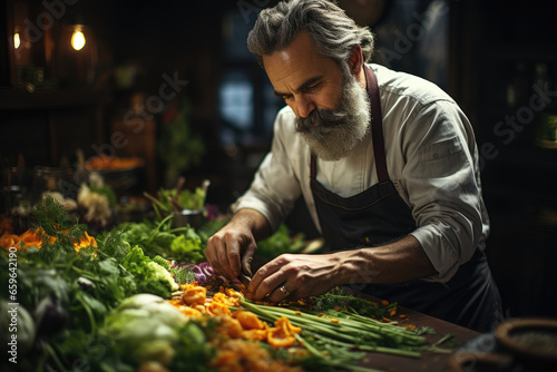 A chef chopping an assortment of vegetables in a professional kitchen, preparing ingredients for a healthy meal. Concept of culinary art. Generative Ai.