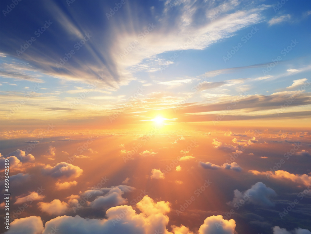 A stunning aerial view showcasing rolling clouds above a majestic and serene natural landscape.