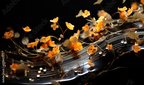 Autumn collage with yellow leaves, musical notes photo