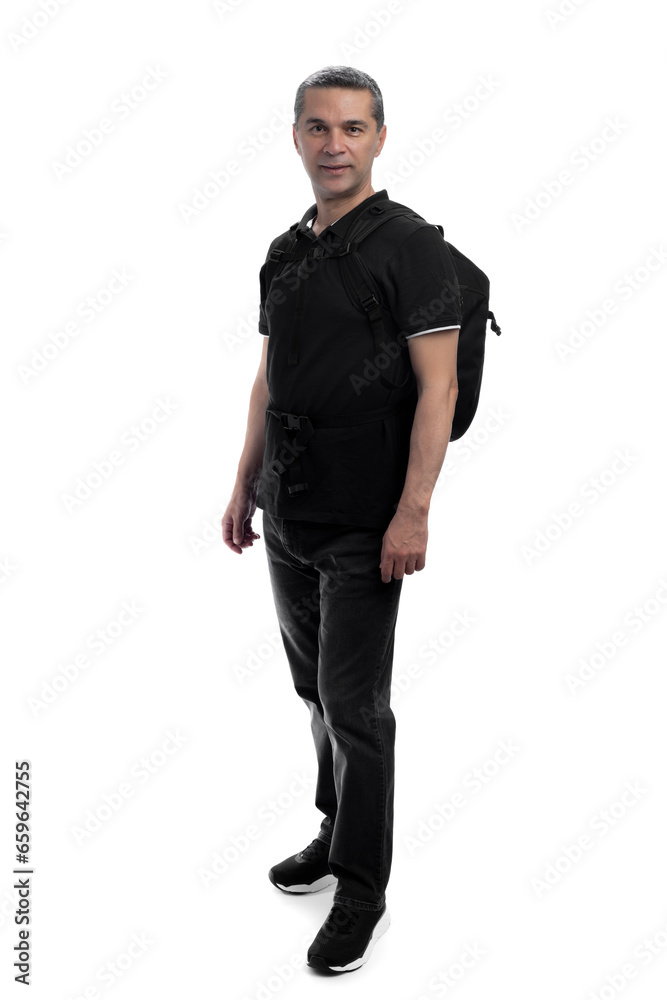 Full length image of a professional photographer with camera bag isolated on white background Full length image of a professional photographer with camera bag isolated on white background