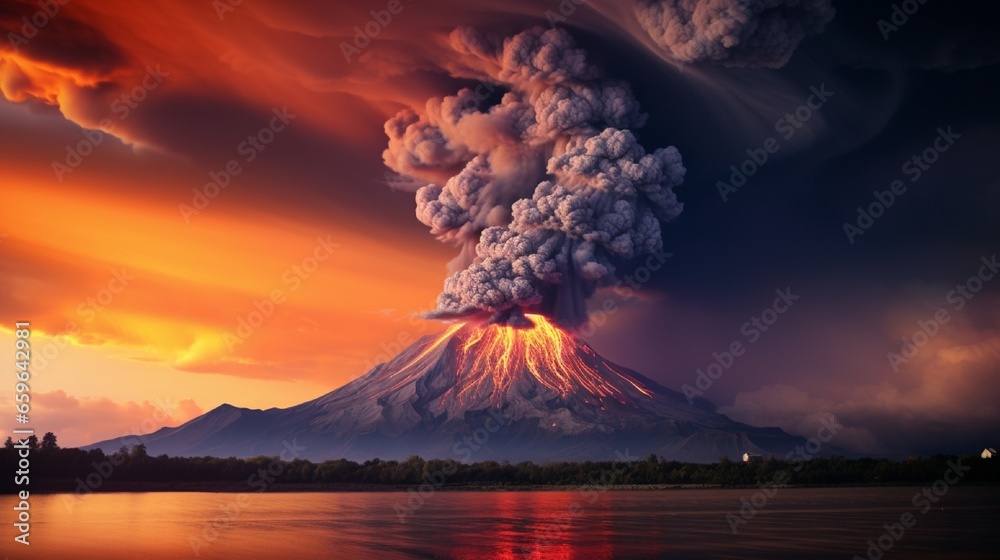 Volcanic smoke and ash billowing against a dramatic sunset.