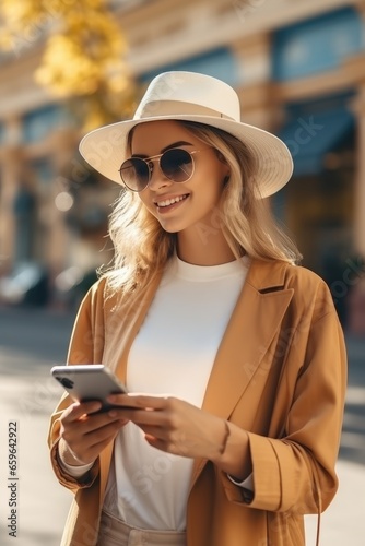 Portrait of a young woman with shopping bags using smartphone to chat with friend, sunny day photo