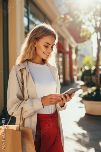 Portrait of a young woman with shopping bags using smartphone to chat with friend, sunny day photo