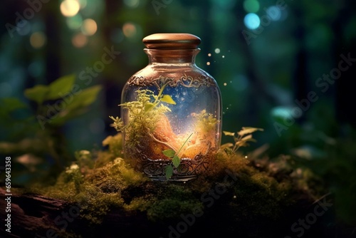 Magical potion in small container surrounded by enchanting forest. Generative AI