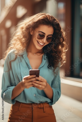 Portrait of a young woman with shopping bags using smartphone to chat with friend, sunny day photo