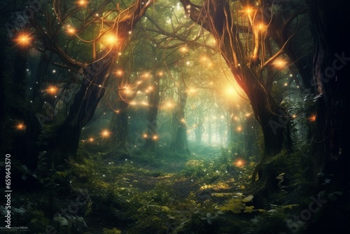 Enchanting woods with ethereal illumination. Generative AI