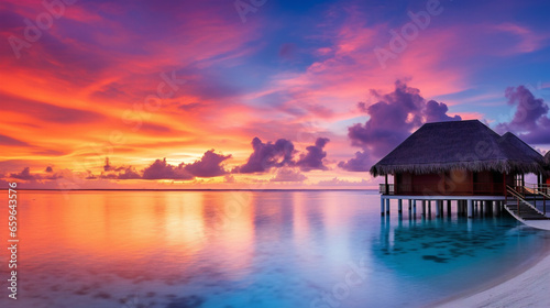 A breathtaking view of a vibrant sunset over a luxurious resort in the Maldives.