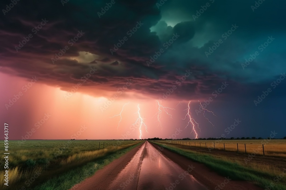 Eerie sky with dense storm clouds and vivid lightning bolts at the horizon. Generative AI