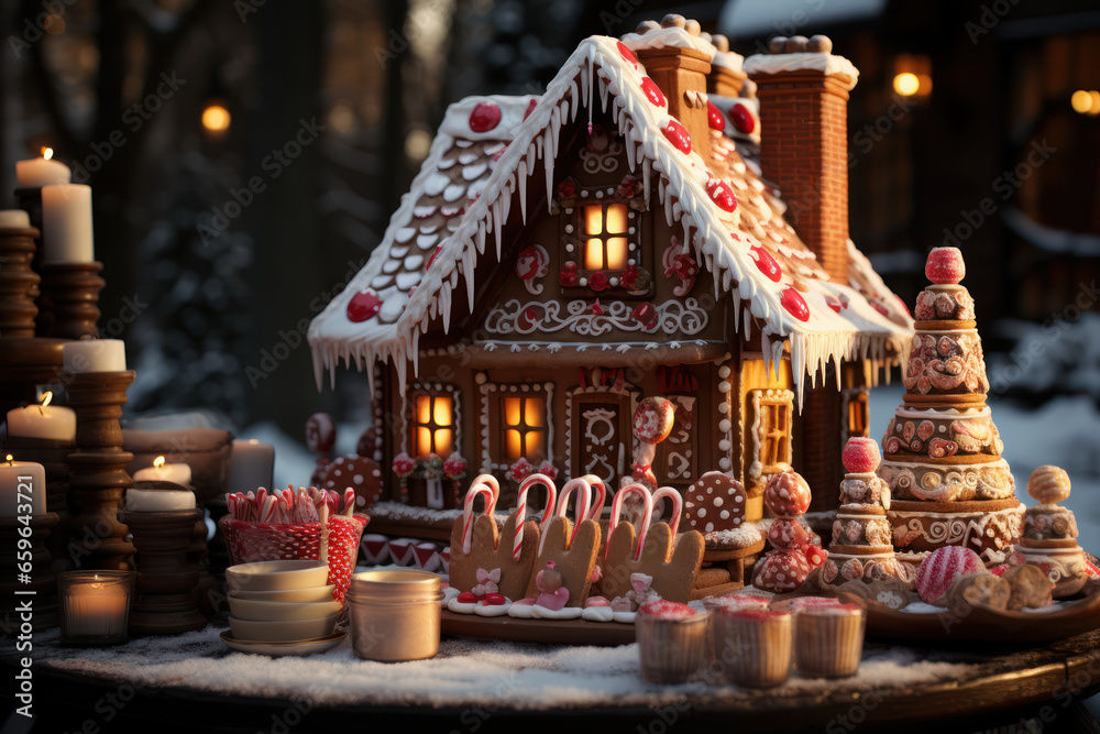 A homemade gingerbread house adorned with candy canes, gumdrops, and icing, showcasing the artistry of holiday baking. Generative Ai.