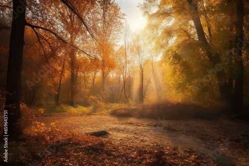 Autumn landscape with sun rays and golden falling leaves. Generative AI