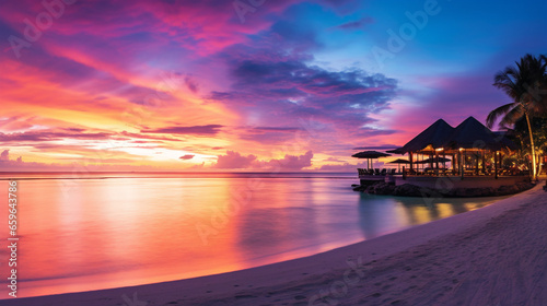 A breathtaking sunset over a luxurious resort in Maldives, captured in a stunning panorama.