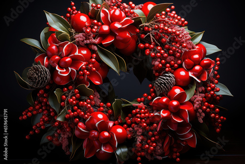 A close-up of a Christmas wreath adorned with red berries and pinecones, exuding the fragrance of the holiday season. Generative Ai.