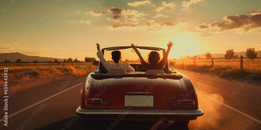 Couple Riding in the Back of an Open Vintage Convertible, Cruising Down the Road After Sunset, With the Sun Still Illuminating the Sky, Creating a Timeless and Romantic Journey - obrazy, fototapety, plakaty 