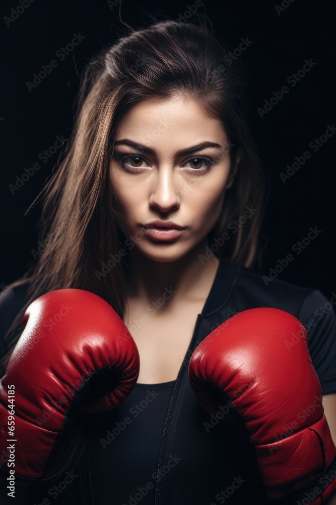 Portrait of a confident young female boxer against a dark background.