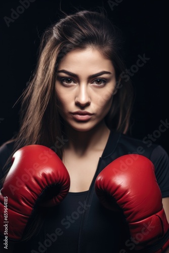 Portrait of a confident young female boxer against a dark background. © Boris