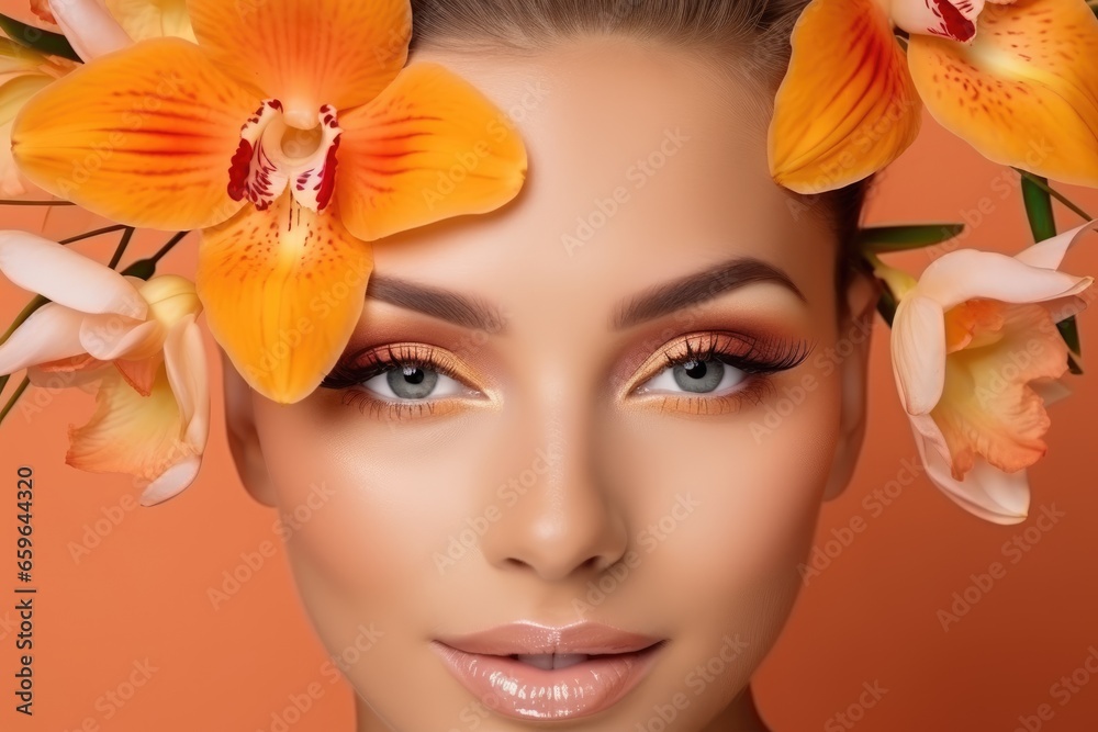 Model in flowers with makeup