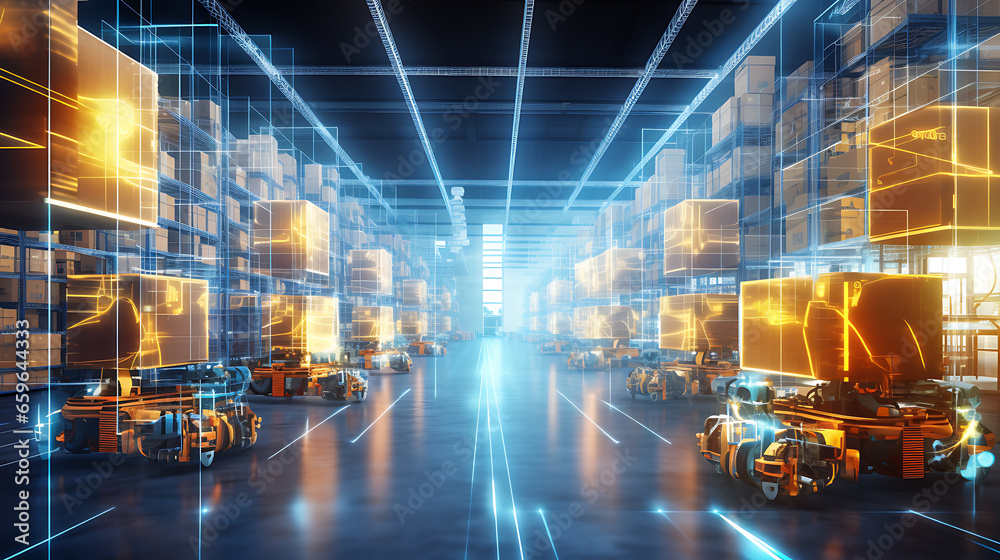 Obraz premium Modern high tech innovative warehouse logistics displayed through automation, robotics and artificial intelligence, defining the future of industry