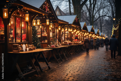 A charming Christmas market with wooden stalls, selling handmade ornaments, crafts, and seasonal treats. Generative Ai.