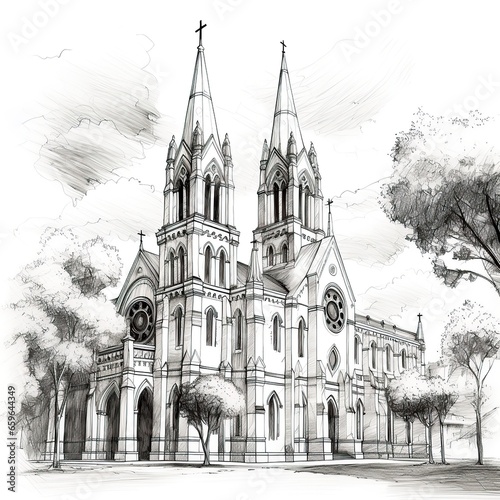 Drawing of a church on a white background.