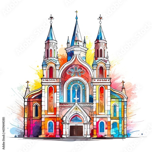 Drawing of a church on a white background.