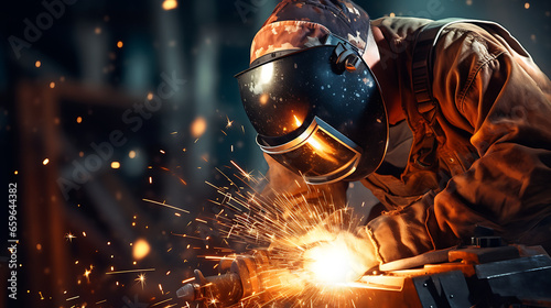 Welder welding metal, lots of sparks, wearing protective welding gear © Alin
