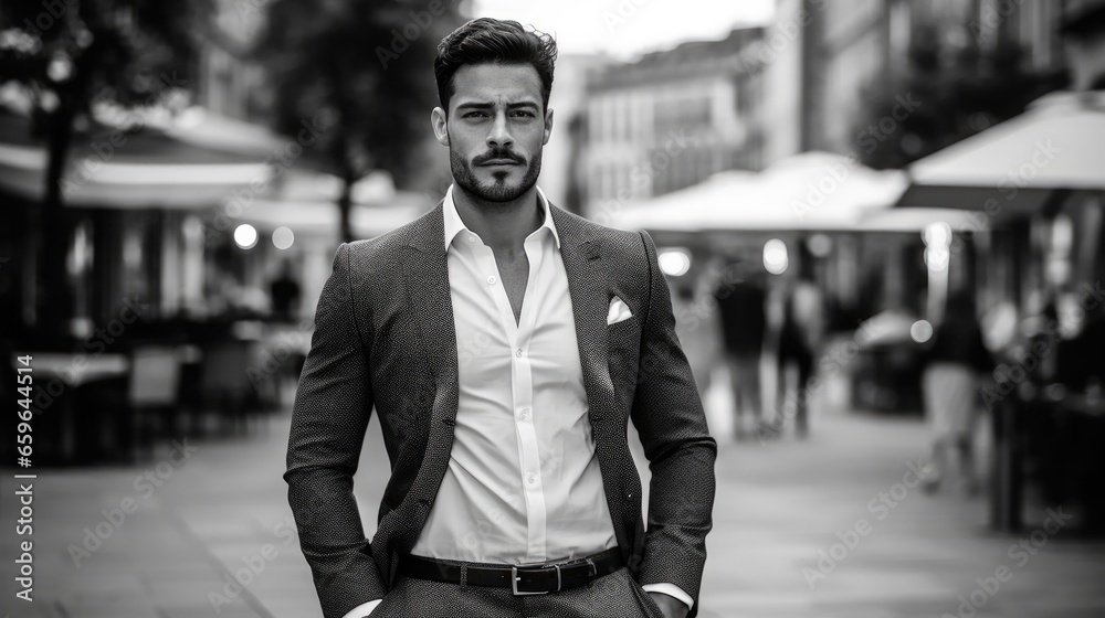 Attractive confident young businessman guy, hot model. Black and white picture.