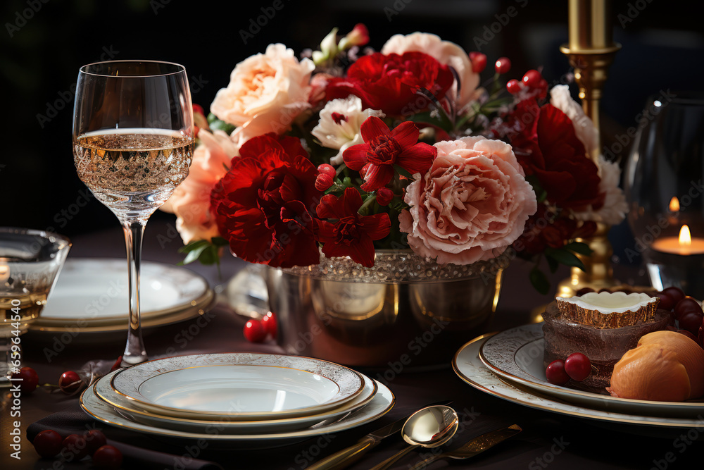 A festive New Year's Eve dinner table set with fine china, crystal glasses, and a centerpiece of fresh flowers. Concept of elegance and dining. Generative Ai.