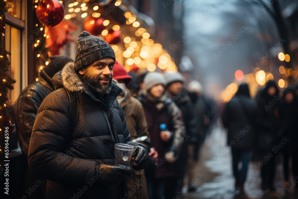 A line of people waiting to enter a vibrant New Year's Eve street festival, complete with food vendors and live music. Generative Ai.