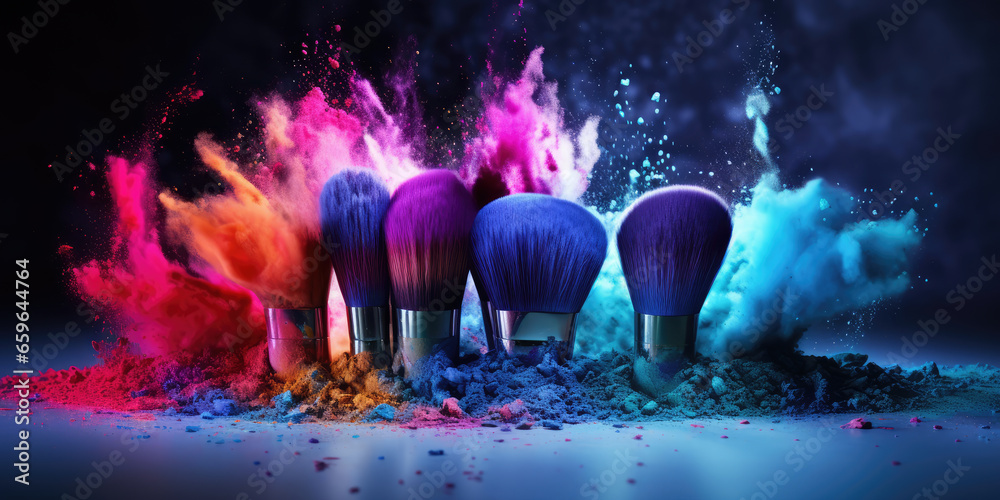 Cosmetic professional makeup brushes and brushes with colorful explosion powders in motion isolated. - obrazy, fototapety, plakaty 