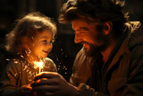 A young child lighting a sparkler with the help of an adult, their faces illuminated by the soft glow. Concept of family traditions. Generative Ai.