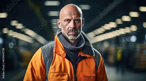 Portrait of a factory worker wearing work clothes standing beside the production line.