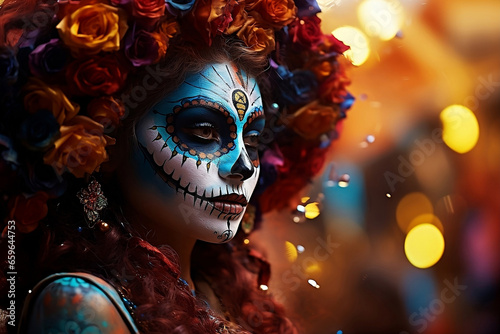 Woman with sugar skull makeup for Mexican Day of Death. © Jminka