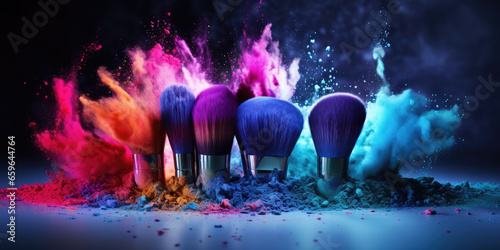 Cosmetic professional makeup brushes and brushes with colorful explosion powders in motion isolated. photo