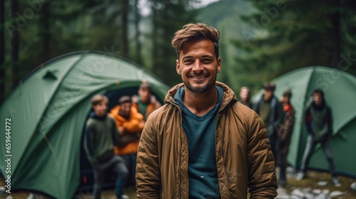 Portrait of young man camping with friends in woods. People camping outdoors. 