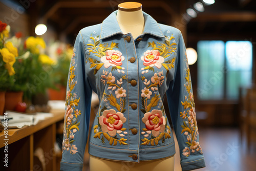 Red flowers embroidery on denim jacket on mannequin in shop